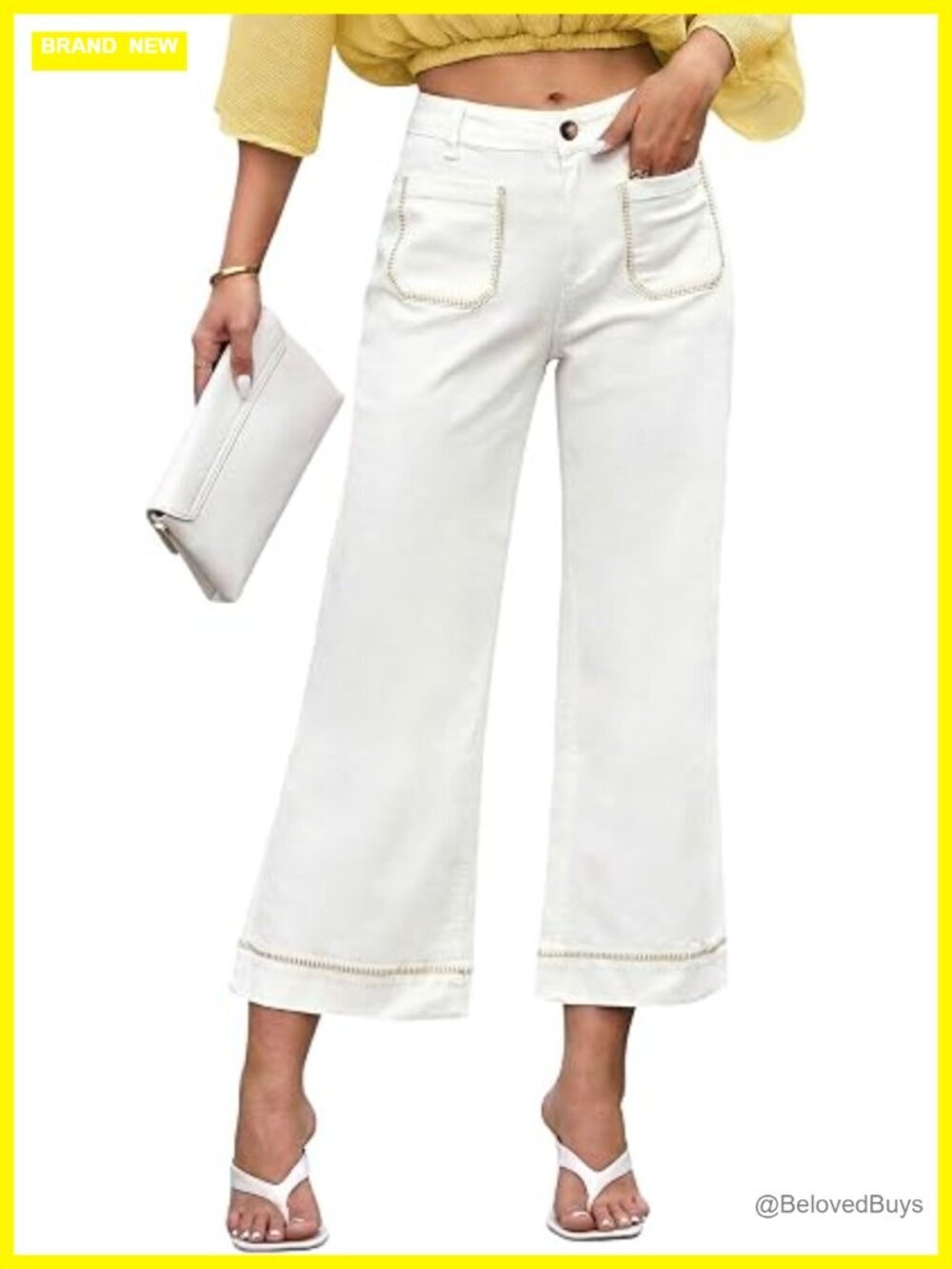 Wide Leg High Waisted Stretchy Straight Leg Jeans Contrast Stitching Cropped